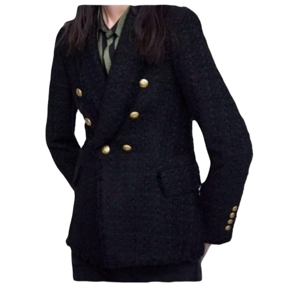 Jason Wu Womens Metallic Tweed‎ Double Breasted Blazer Black Gold Button Classic